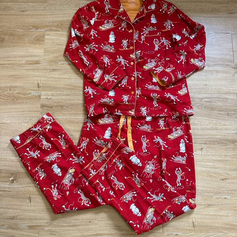 NICK & NORA DOWNHILL MONKEYS 100% COTTON Flannel Set Red Flannel Pajamas S